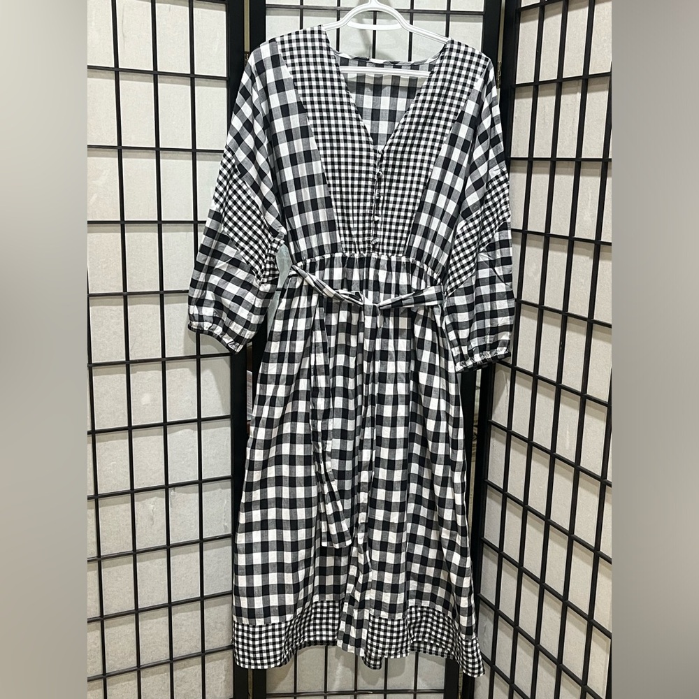 J CREW Black & White Gingham Belted LONG SLEEVE Midi Dress WOMEN SIZE M